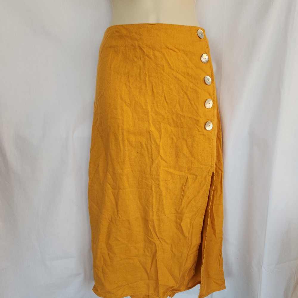 Marc New York Mustard Yellow Button-Side Linen Pencil Skirt